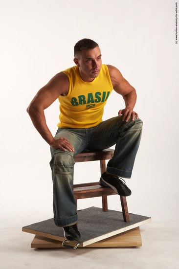 Casual Man White Sitting poses - simple Muscular Short Brown Sitting poses - ALL Academic