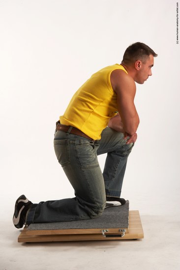 Casual Man White Kneeling poses - ALL Muscular Short Brown Kneeling poses - on both knees Academic