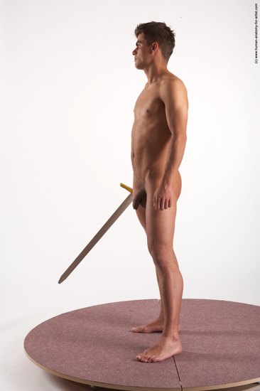 Nude Fighting with sword Man White Standing poses - ALL Slim Short Brown Standing poses - simple Realistic