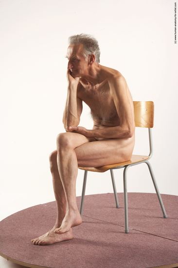 and more Nude Man White Sitting poses - simple Slim Bald Grey Sitting poses - ALL Realistic