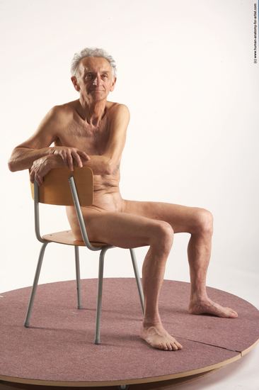 and more Nude Man White Sitting poses - simple Slim Bald Grey Sitting poses - ALL Realistic