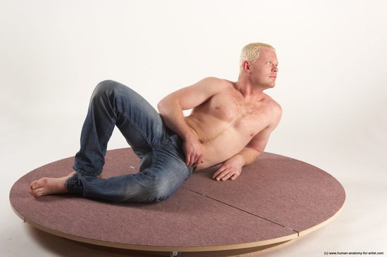 Casual Man White Laying poses - ALL Slim Short Blond Laying poses - on side Academic