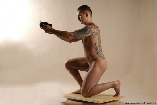 Nude Fighting with gun Man White Kneeling poses - ALL Average Short Brown Realistic