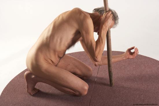 and more Nude Man White Kneeling poses - ALL Slim Bald Grey Kneeling poses - on both knees Realistic