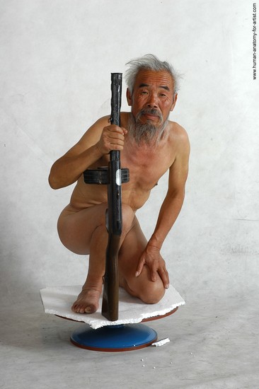 and more Nude Fighting with submachine gun Man Asian Kneeling poses - ALL Slim Short Grey Kneeling poses - on one knee Realistic