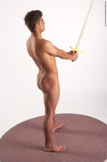 Nude Fighting with sword Man White Standing poses - ALL Slim Short Brown Standing poses - simple Realistic