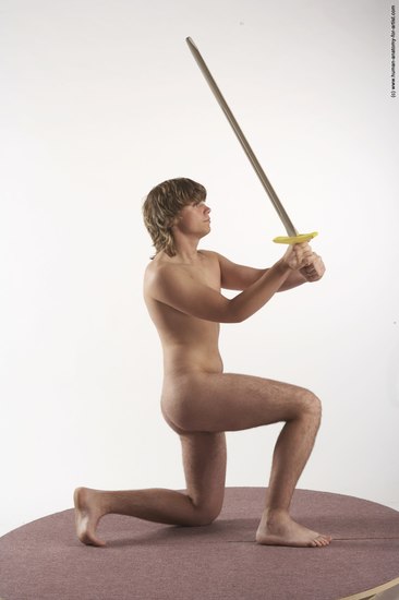 Nude Fighting with sword Man White Standing poses - ALL Slim Short Brown Standing poses - simple Realistic