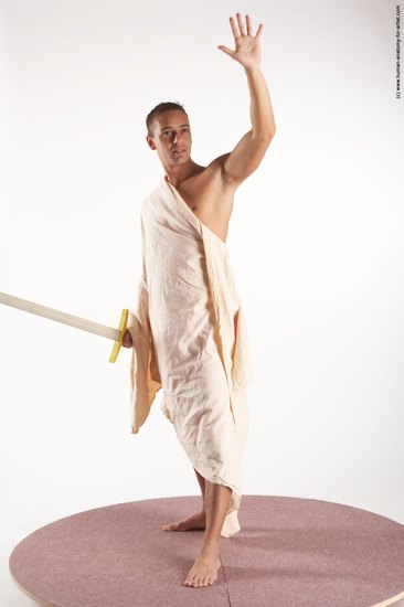 Drape Fighting with sword Man White Standing poses - ALL Slim Short Brown Standing poses - simple Academic