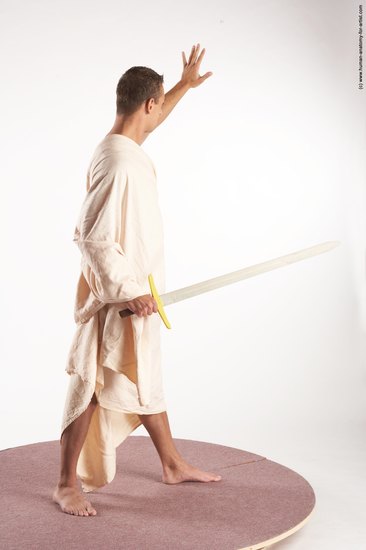 Drape Fighting with sword Man White Standing poses - ALL Slim Short Brown Standing poses - simple Academic