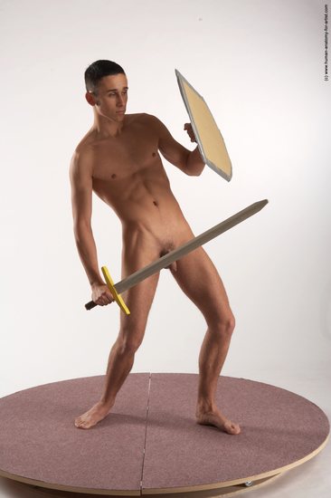 Nude Fighting with sword Man White Standing poses - ALL Slim Short Brown Standing poses - simple Realistic