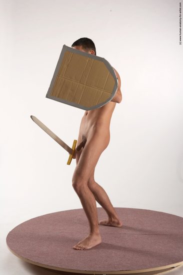 Nude Fighting with sword Man White Standing poses - ALL Slim Short Brown Standing poses - simple Realistic