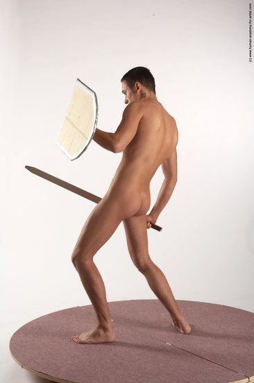 Nude Fighting with sword Man White Standing poses - ALL Slim Short Brown Standing poses - simple Realistic