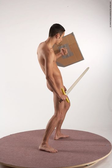 Nude Fighting with sword Man White Standing poses - ALL Slim Short Brown Standing poses - simple Realistic