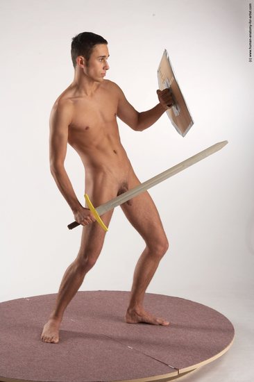 Nude Fighting with sword Man White Standing poses - ALL Slim Short Brown Standing poses - simple Realistic