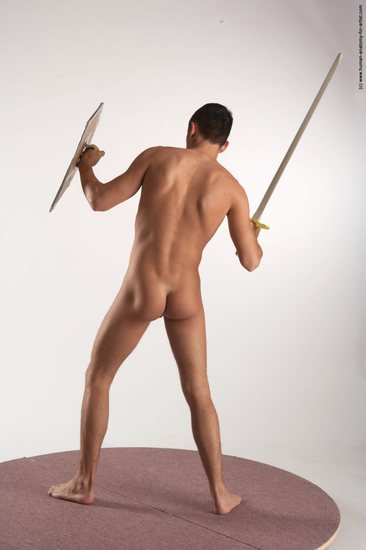 Nude Fighting with sword Man White Standing poses - ALL Slim Short Brown Standing poses - simple Realistic