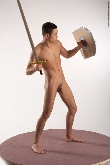 Nude Fighting with sword Man White Standing poses - ALL Slim Short Brown Standing poses - simple Realistic