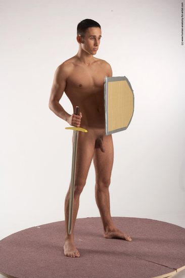 Nude Fighting with sword Man White Standing poses - ALL Slim Short Brown Standing poses - simple Realistic