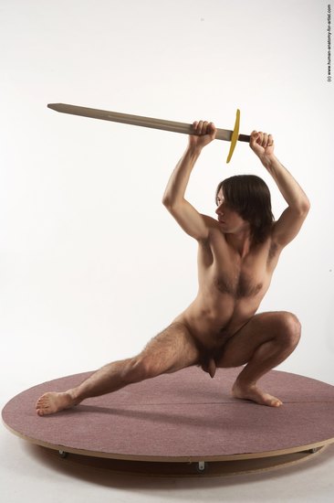 Nude Fighting with sword Man White Laying poses - ALL Slim Medium Brown Laying poses - on side Realistic