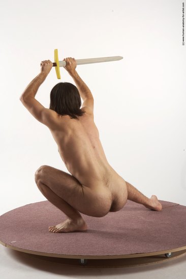 Nude Fighting with sword Man White Laying poses - ALL Slim Medium Brown Laying poses - on side Realistic