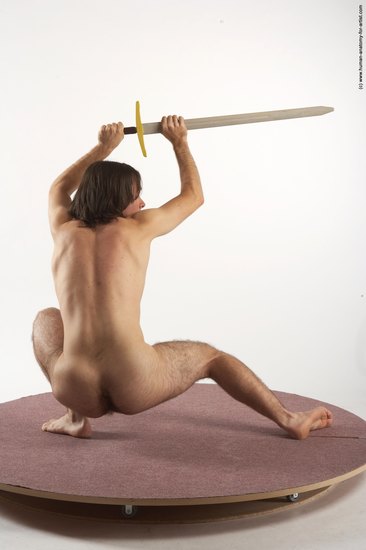 Nude Fighting with sword Man White Laying poses - ALL Slim Medium Brown Laying poses - on side Realistic