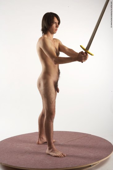 Nude Fighting with sword Man White Standing poses - ALL Slim Medium Brown Standing poses - simple Realistic