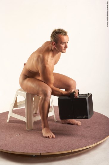 Nude Holding Man White Sitting poses - simple Muscular Short Blond Sitting poses - ALL Realistic