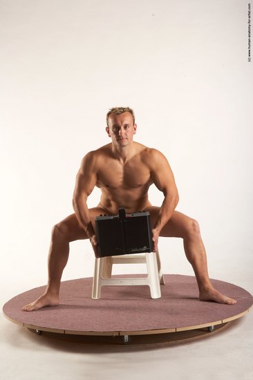 Nude Holding Man White Sitting poses - simple Muscular Short Blond Sitting poses - ALL Realistic