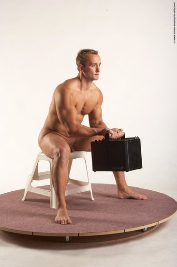 Nude Holding Man White Sitting poses - simple Muscular Short Blond Sitting poses - ALL Realistic