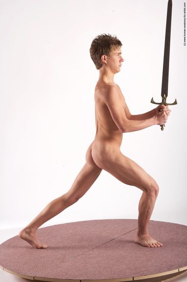 Nude Fighting with sword Man White Standing poses - ALL Athletic Short Brown Standing poses - simple Realistic