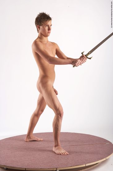 Nude Fighting with sword Man White Standing poses - ALL Athletic Short Brown Standing poses - simple Realistic