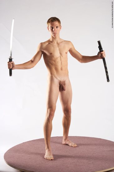 Nude Fighting with sword Man White Standing poses - ALL Athletic Short Brown Standing poses - simple Realistic