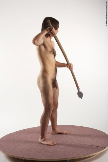 Nude Fighting with spear Man White Standing poses - ALL Slim Medium Brown Standing poses - simple Realistic