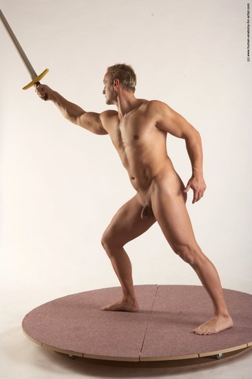 Nude Fighting with sword Man White Standing poses - ALL Muscular Short Blond Standing poses - simple Realistic