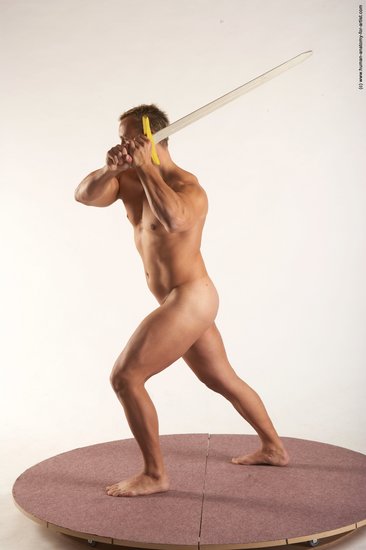 Nude Fighting with sword Man White Standing poses - ALL Muscular Short Blond Standing poses - simple Realistic