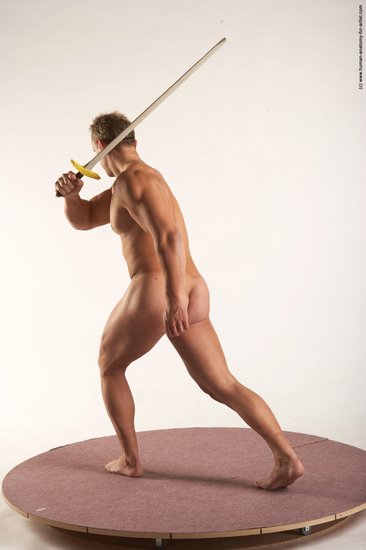 Nude Fighting with sword Man White Standing poses - ALL Muscular Short Blond Standing poses - simple Realistic