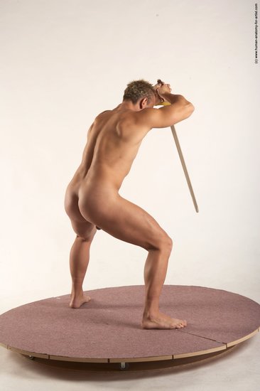 Nude Fighting with sword Man White Standing poses - ALL Muscular Short Blond Standing poses - simple Realistic