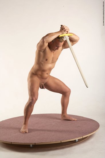 Nude Fighting with sword Man White Standing poses - ALL Muscular Short Blond Standing poses - simple Realistic