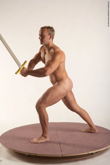 Nude Fighting with sword Man White Standing poses - ALL Muscular Short Blond Standing poses - simple Realistic