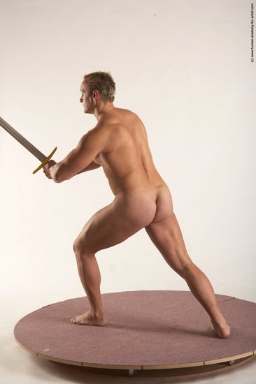 Nude Fighting with sword Man White Standing poses - ALL Muscular Short Blond Standing poses - simple Realistic