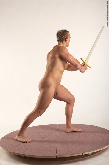 Nude Fighting with sword Man White Standing poses - ALL Muscular Short Blond Standing poses - simple Realistic