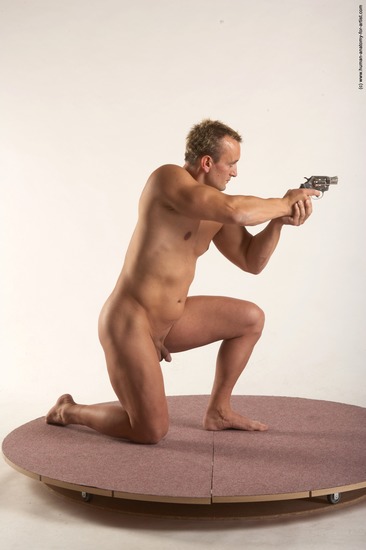 Nude Fighting with gun Man White Kneeling poses - ALL Muscular Short Blond Realistic