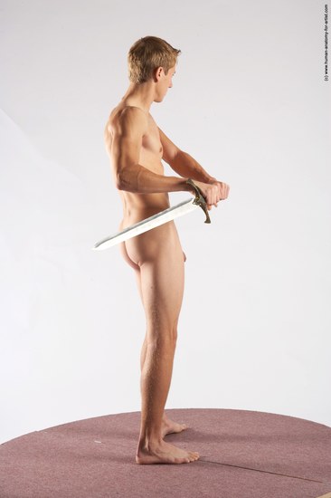 Nude Fighting with sword Man White Standing poses - ALL Athletic Short Brown Standing poses - simple Realistic