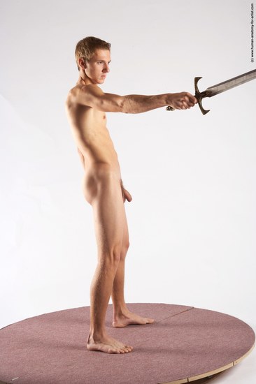 Nude Fighting with sword Man White Standing poses - ALL Athletic Short Brown Standing poses - simple Realistic