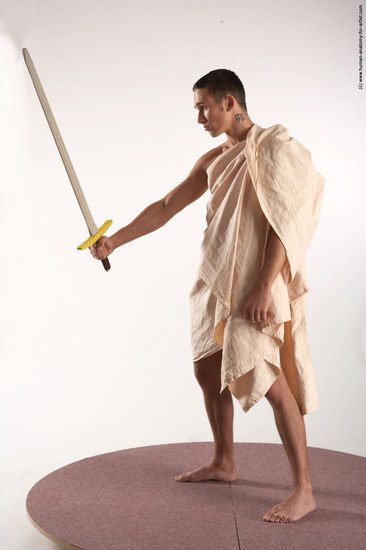 Drape Fighting with sword Man White Standing poses - ALL Slim Short Brown Standing poses - simple Academic