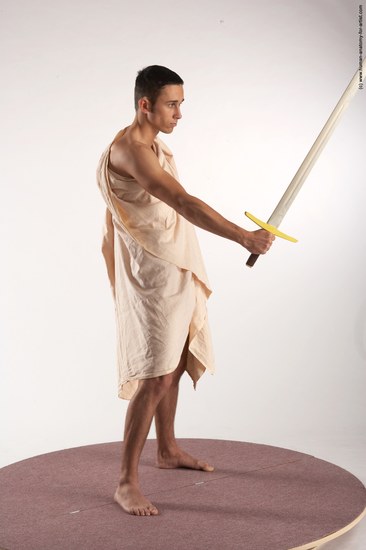 Drape Fighting with sword Man White Standing poses - ALL Slim Short Brown Standing poses - simple Academic