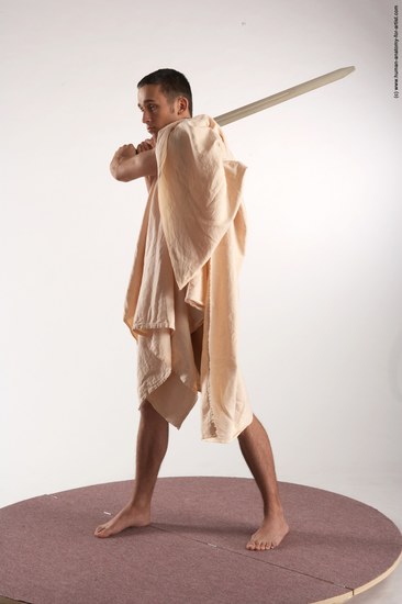 Drape Fighting with sword Man White Standing poses - ALL Slim Short Brown Standing poses - simple Academic