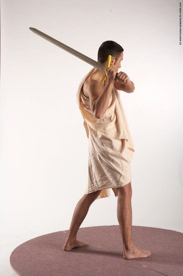 Drape Fighting with sword Man White Standing poses - ALL Slim Short Brown Standing poses - simple Academic