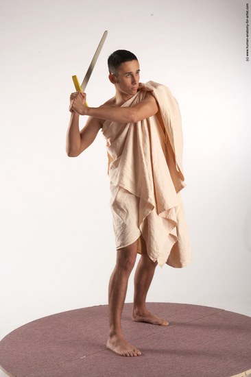 Drape Fighting with sword Man White Standing poses - ALL Slim Short Brown Standing poses - simple Academic
