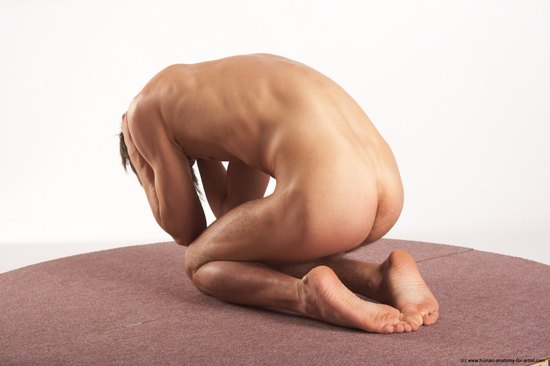 Nude Man White Kneeling poses - ALL Slim Short Brown Kneeling poses - on both knees Realistic