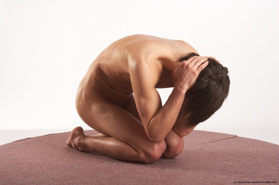 Nude Man White Kneeling poses - ALL Slim Short Brown Kneeling poses - on both knees Realistic